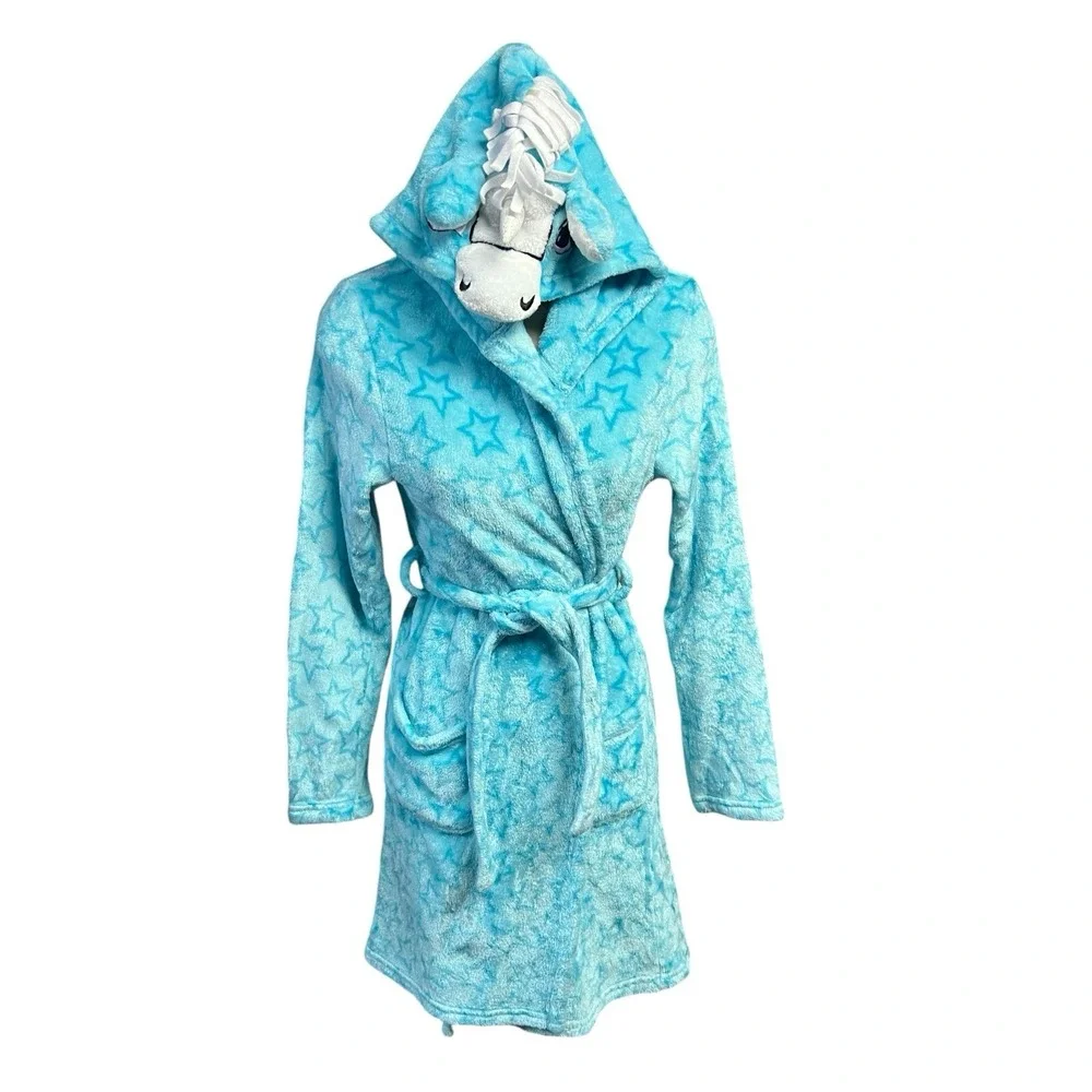 Jellifish Kids Girls XL 14/16‎ Blue Unicorn Hooded Plush Star Bath Robe Cozy